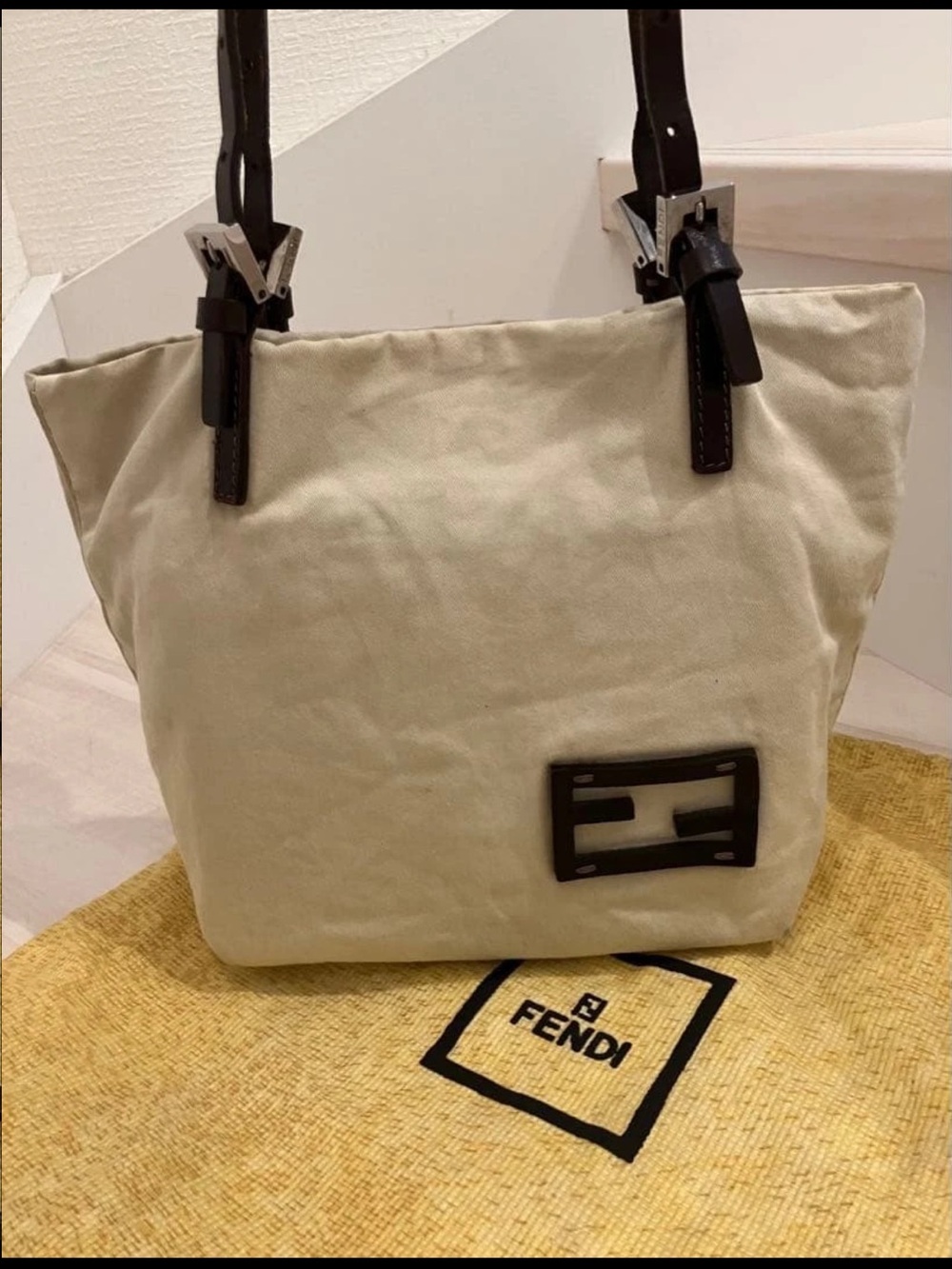 Fendi Cream Canvas Shoulder Bag with Dark Brown Leather Straps